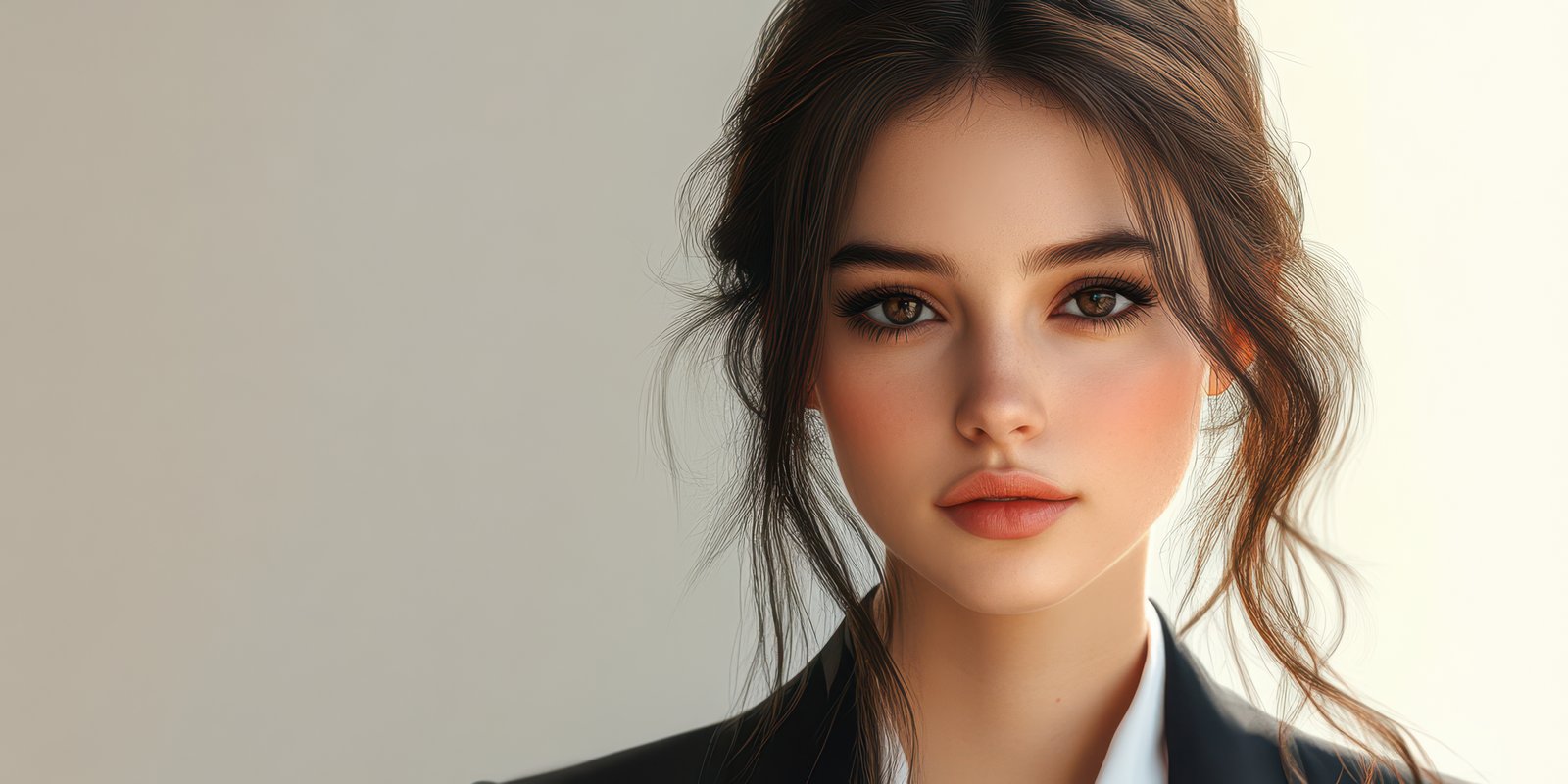 Sophisticated portrait of young woman with natural makeup in elegant clothing against neutral background